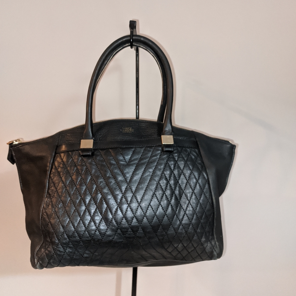 Vince Camuto Darcy- Quilted Structured Black Bubble Lamb Leather Satchel